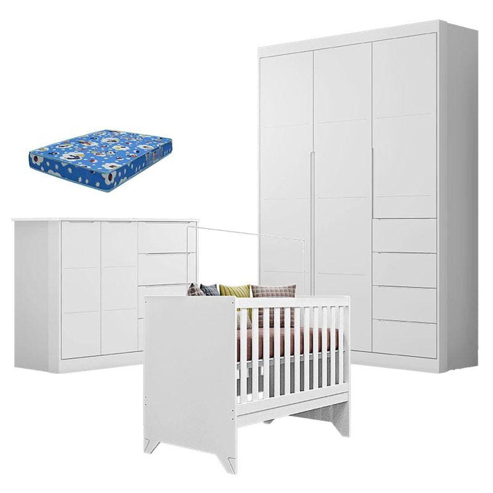 Quarto de Bebê Eloá com Berço Americano Retro Maya Branco Acetinado com Colchão Ortobom - Phoenix Baby