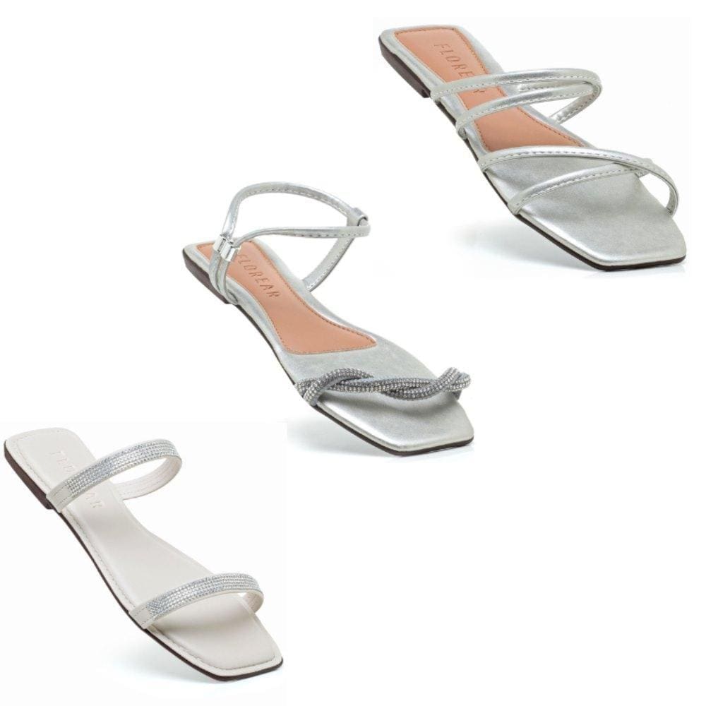 Sandália Rasteira Feminina Tiras Strass Flat Dia a Dia Kit 3