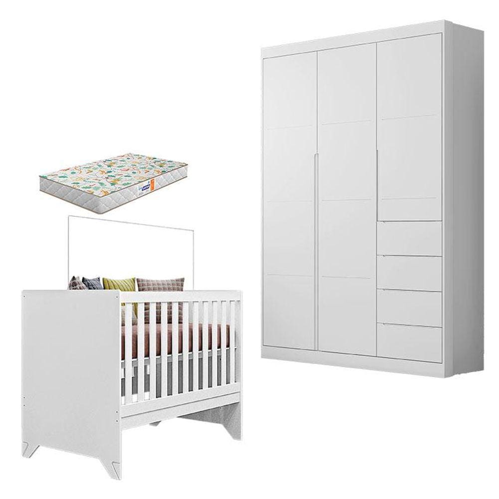 Berço Americano Retro Maya e Guarda Roupa Infantil Eloá Branco Acetinado com Colchão Gazin - Phoenix Baby