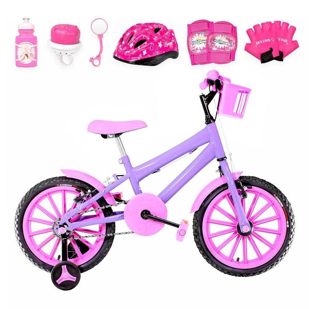 Bicicleta Infantil Aro 16 Nylon + Kit Proteção Lilás e Rosa