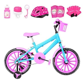 Bicicleta Infantil Aro 16 + Kit Proteção Azul Claro e Rosa