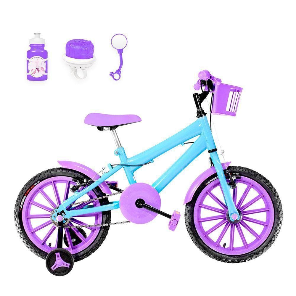Bicicleta Infantil Aro 16 Nylon Azul Claro e Lilás