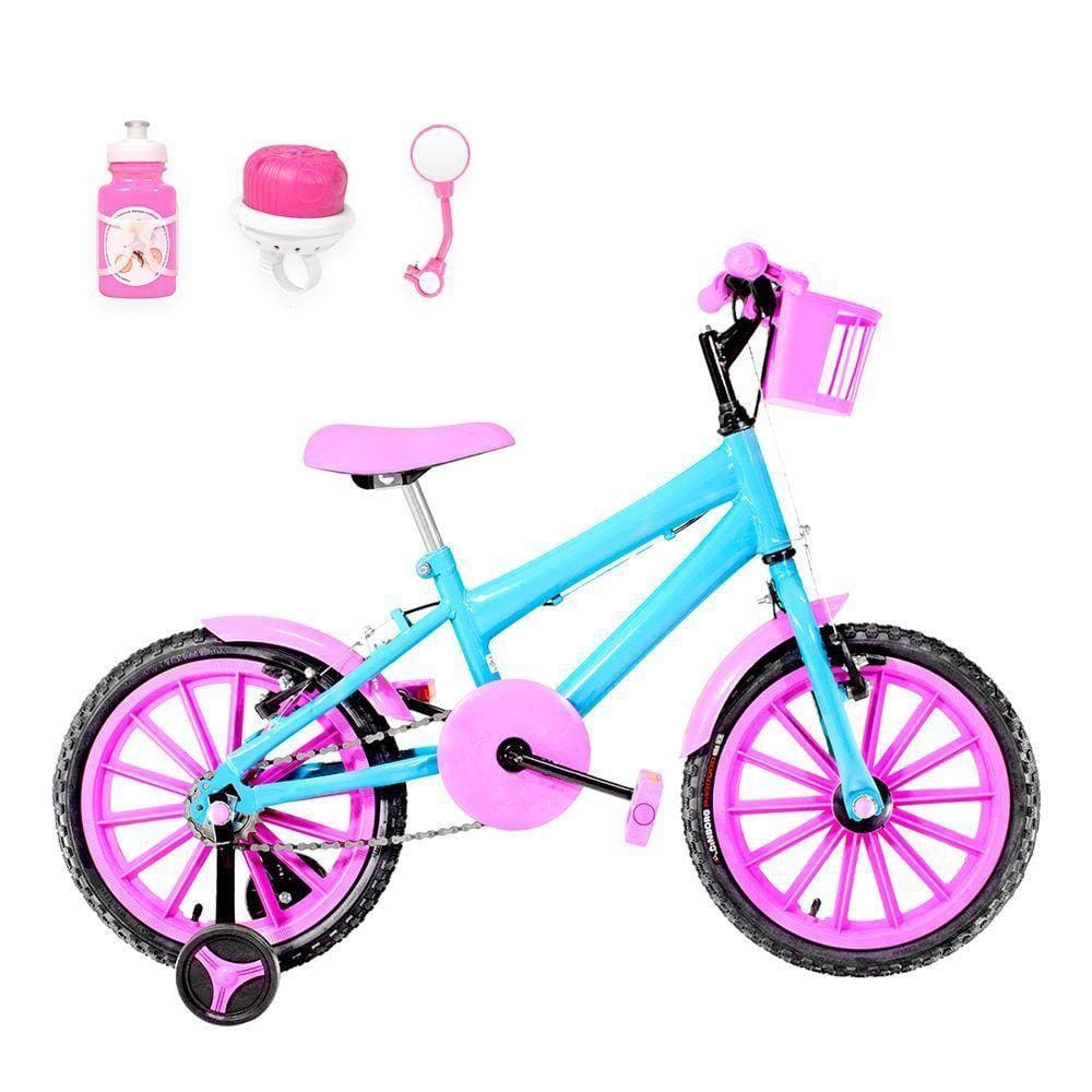 Bicicleta Infantil Aro 16 Nylon Azul Claro e Rosa