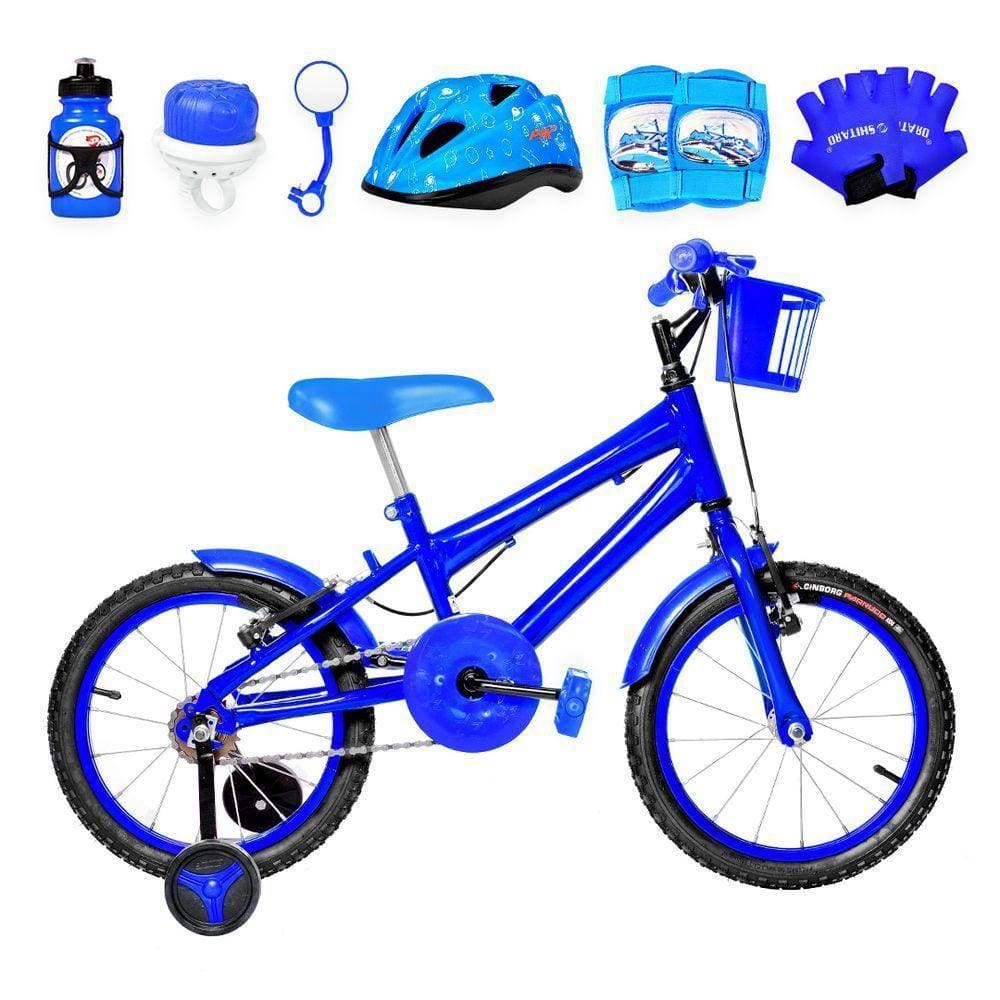 Bicicleta Infantil Aro 16 Alumínio Kit Proteção Azul