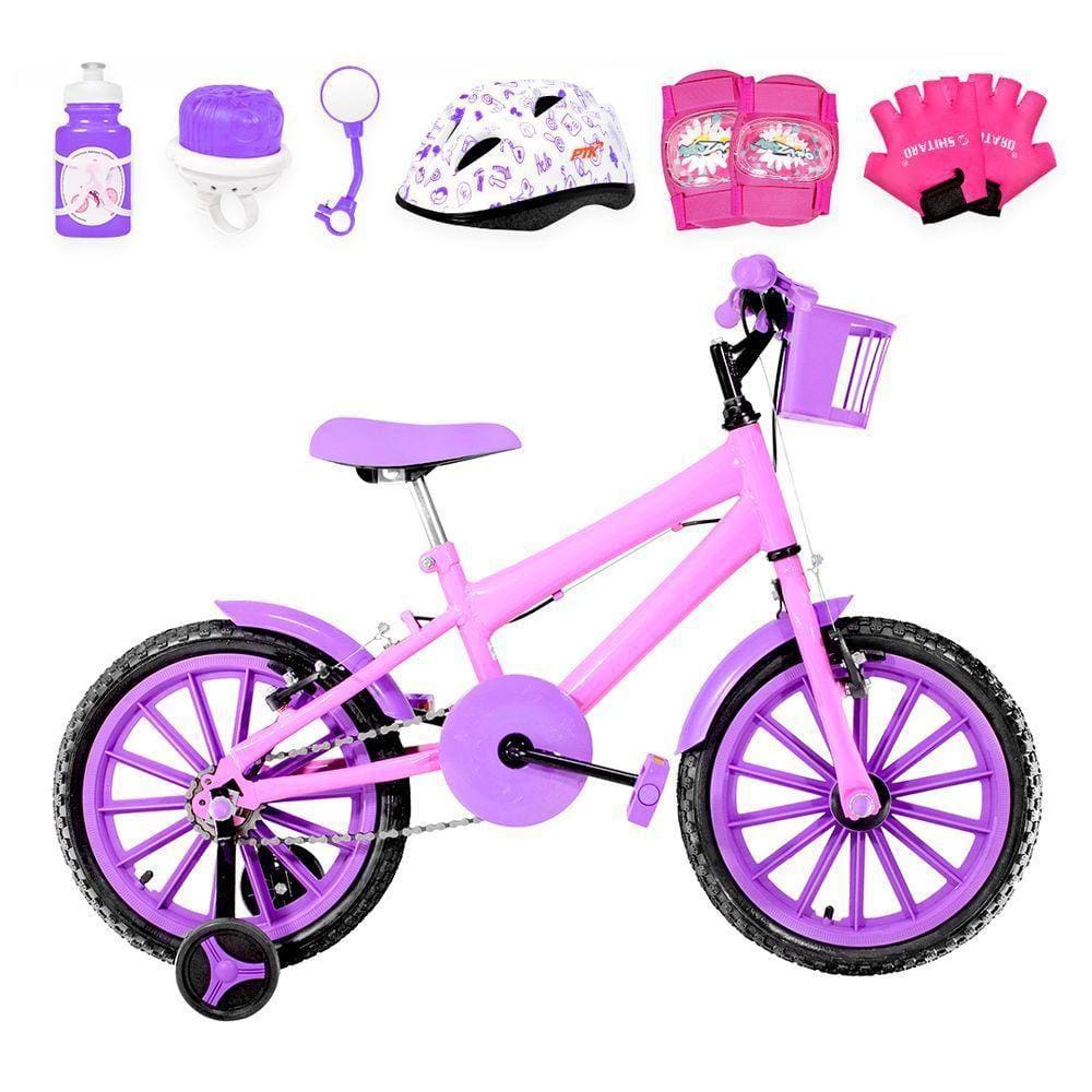 Bicicleta Infantil Aro 16 Nylon + Kit Proteção Rosa e Lilás