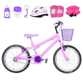 Bicicleta Infantil Aro 20 Aero + Kit Proteção Rosa e Lilás