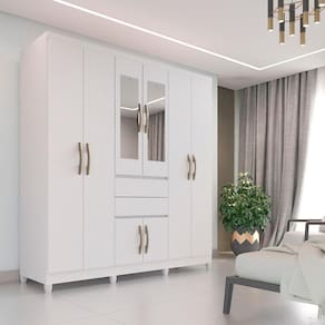 Guarda Roupa Casal com Espelho 8 Portas 2 Gavetas Master Top IMOP Móveis - Branco Neve