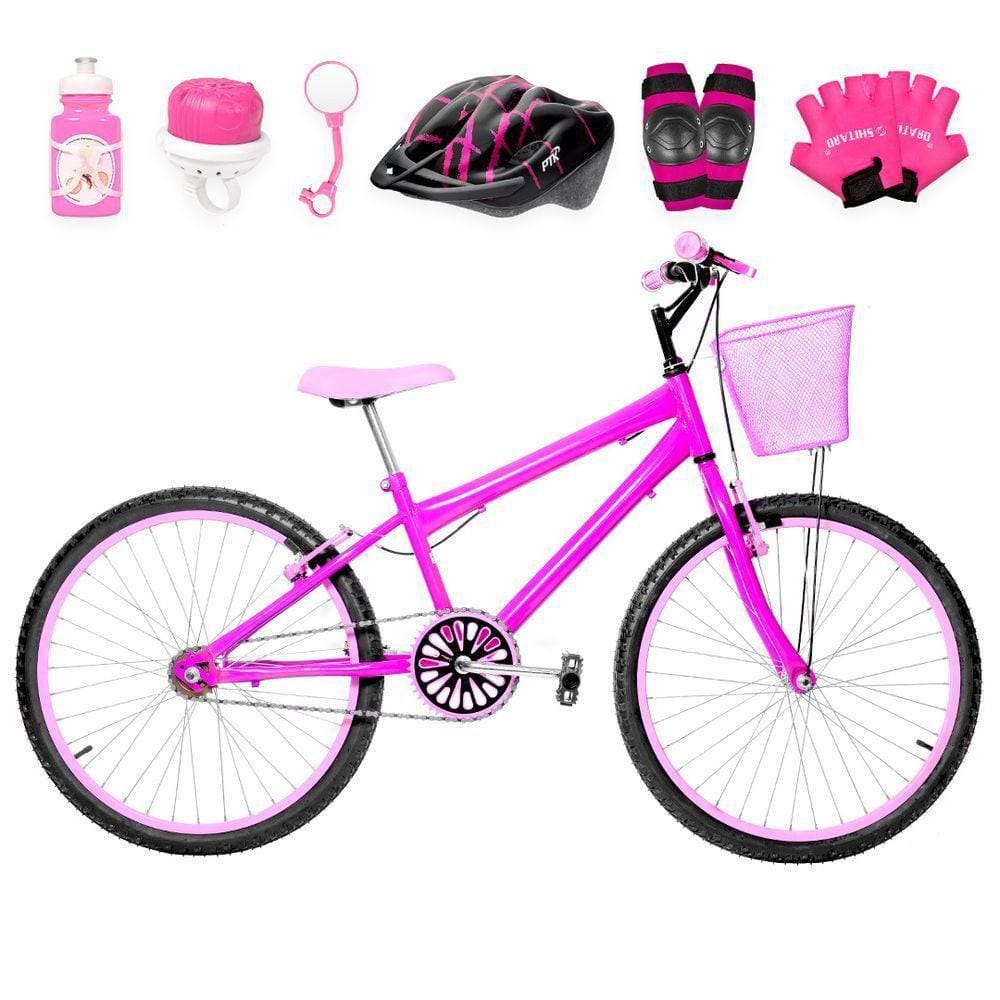 Bicicleta Infantil Aro 24 Alumínio Kit Proteção Pink E Rosa