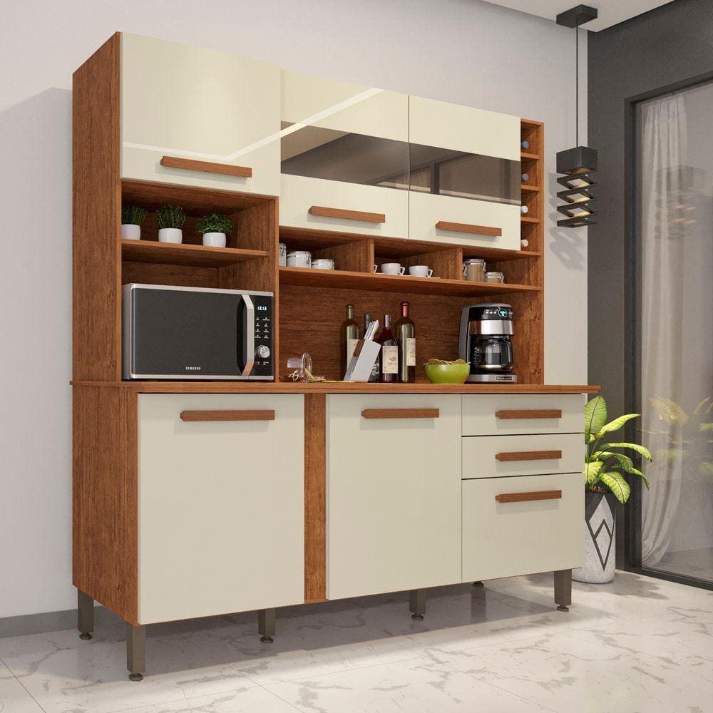 Armário para Cozinha Com Espelho 6 Portas 2 Gavetas Alexia IMOP Móveis - Cinamomo Off White