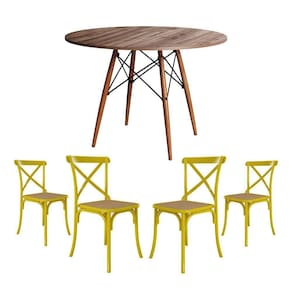 Conjunto De Mesa Eiffel Redondo Tampo De Madeira 110Cm Amêndoa Com 4 Cadeiras Katrina Amarela