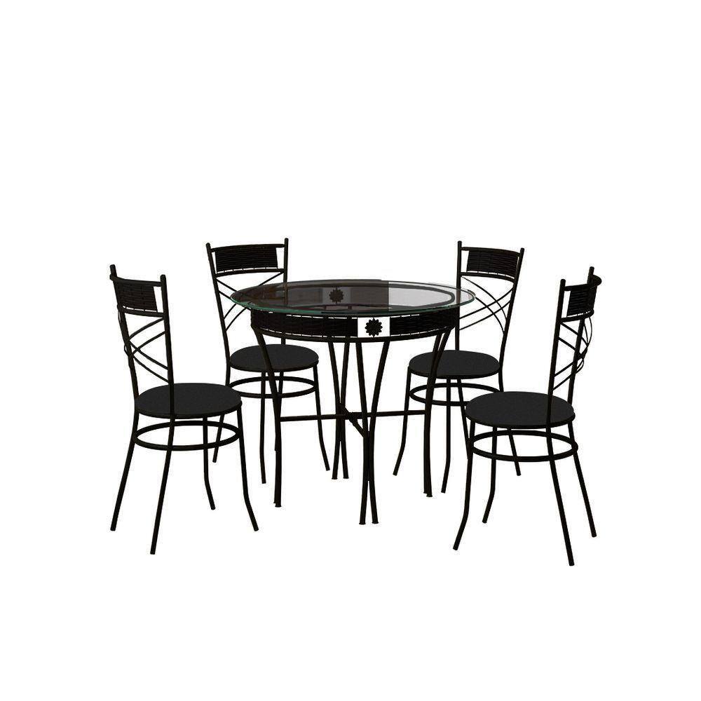 CONJUNTO MESA 4 CADEIRAS FORMATO CROMADA 1,20X0,80 COM VIDRO PRETO E CORINO  PRETO - ATACADÃO DOS ELETROS