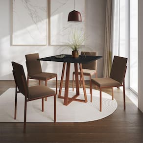 Conjunto De Jantar Mesa 90Cm Preta Com 4 Cadeiras Estofadas Marrom Base Cobre - Preto