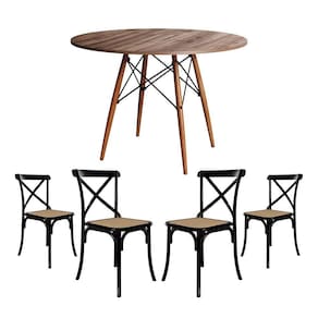 Conjunto De Mesa Eiffel Redondo Tampo De Madeira 110Cm Amêndoa Com 4 Cadeiras Katrina Preto Assento