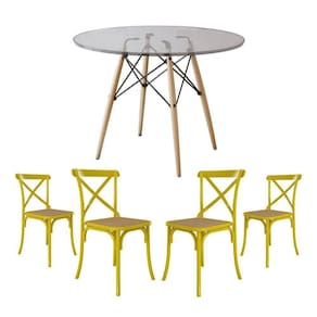 Jogo De Mesa Eiffel Redondo Tampo De Vidro 110Cm Com 4 Cadeiras Katrina Amarela Assento Bege