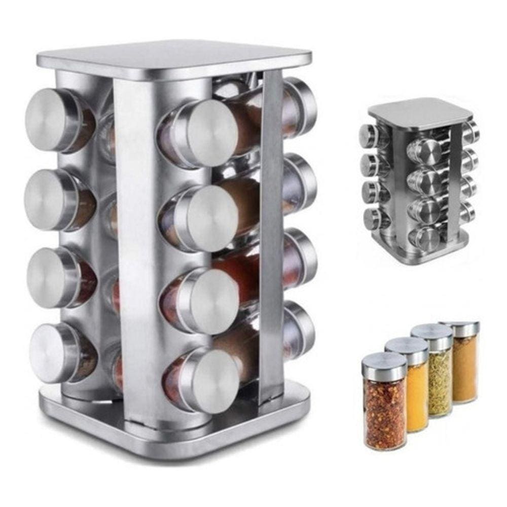 Porta Temperos 16 Frascos de Vidro Giratório para Cozinha Estrutura em Aço Inox Quadrada