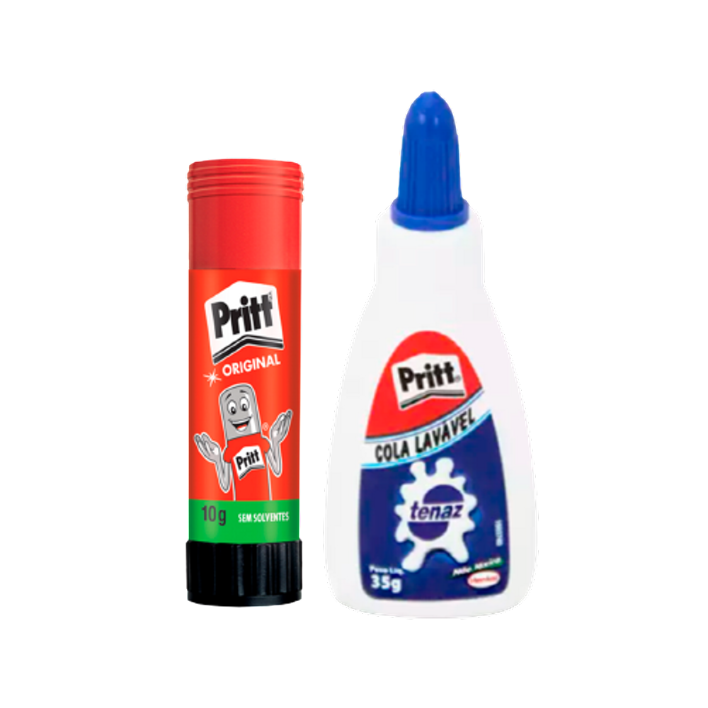 Kit Cola Branca lavável 35g Tenaz e Cola Bastão Pritt 10g
