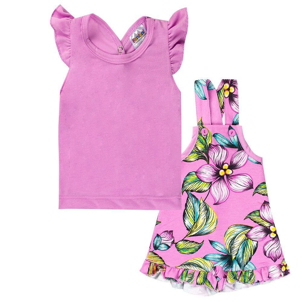 Conjunto Infantil Jardineira Floral Meninas Verão Pink