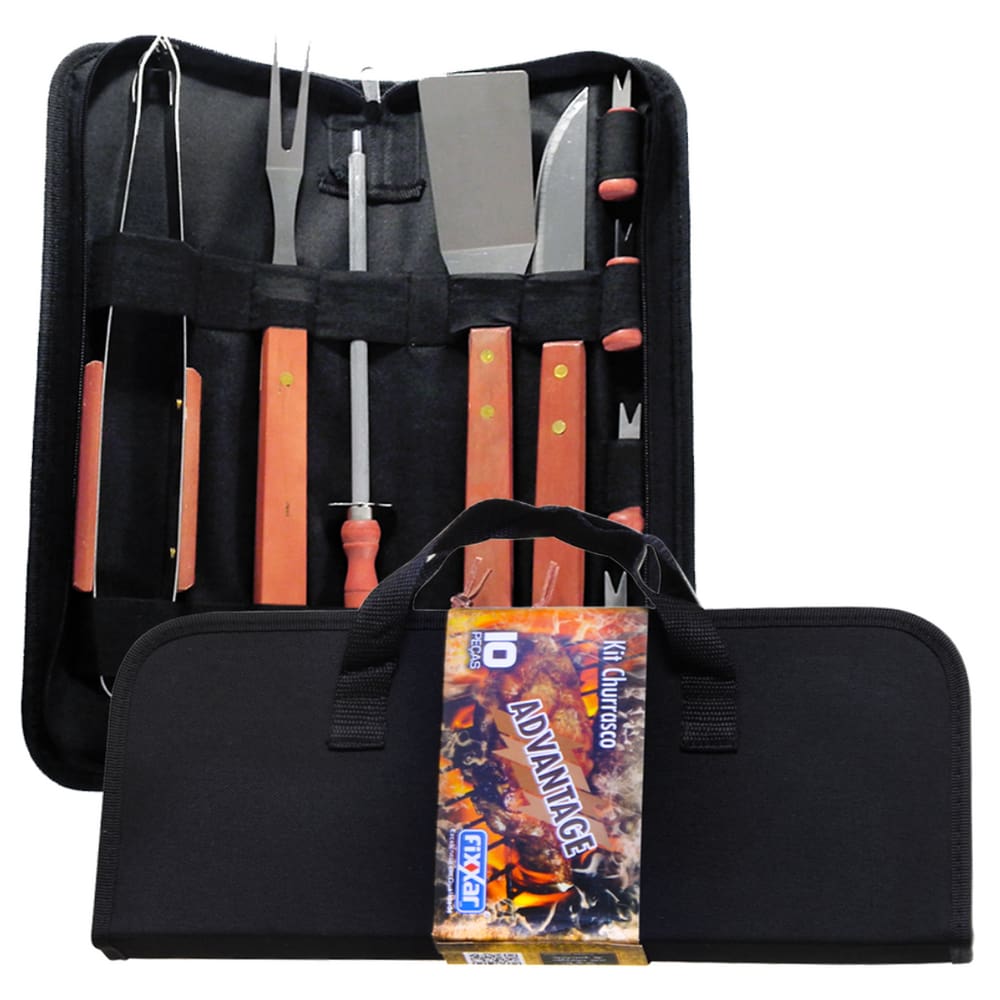Kit Churrasco Advantage Faqueiro Com Maleta Nylon 10 Peças Cabo Longo Madeira Aço Inox