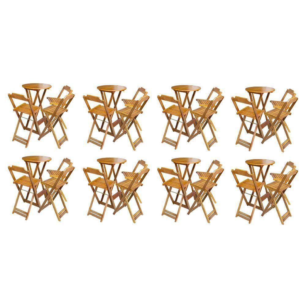 Kit 8 Jogos De Mesa Bistrô De Madeira Dobrável Com 3 Banquetas - Mel