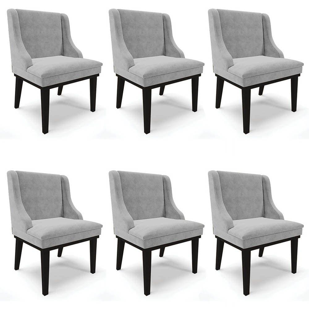 Kit 6 Cadeiras Estofadas para Sala de Jantar Base Fixa de Madeira Preto Lia Suede Cinza - Ibiza