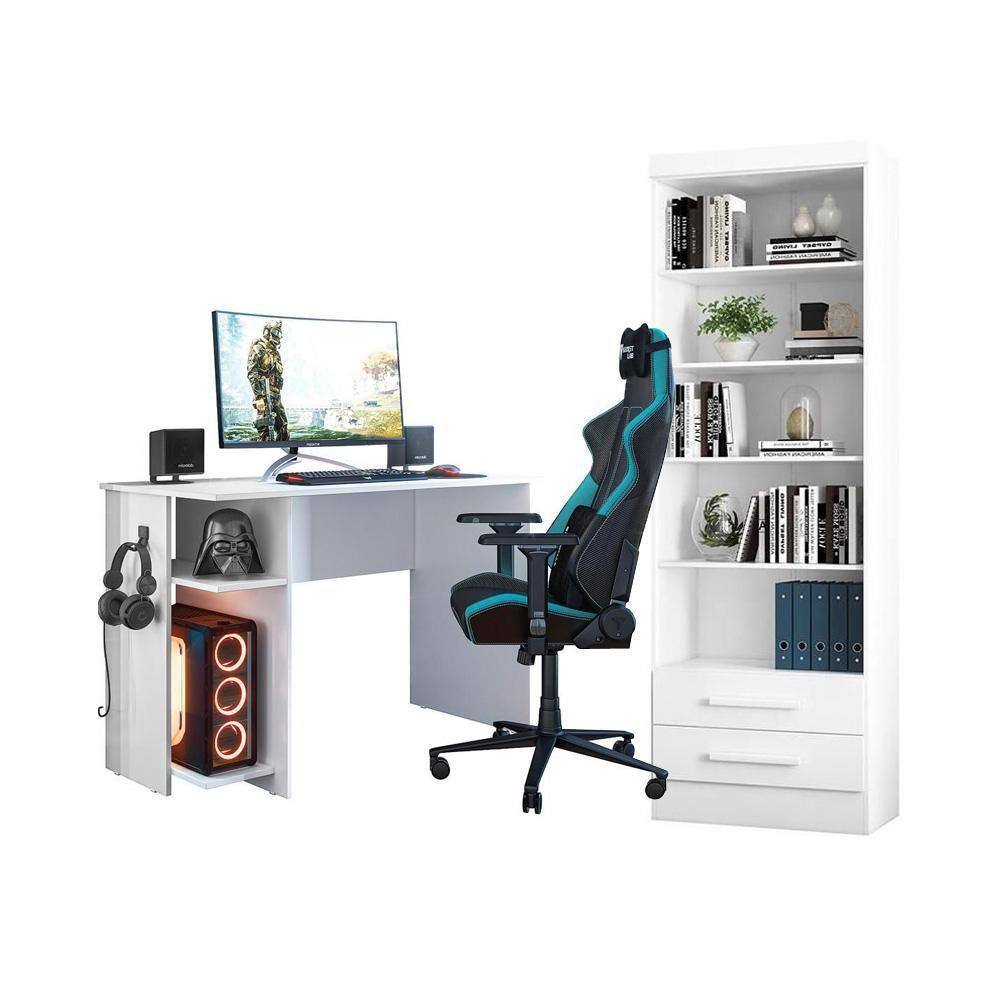 Escritório com Escrivaninha e Livreiro Multiuso 2 Gavetas Branco - FdECOR