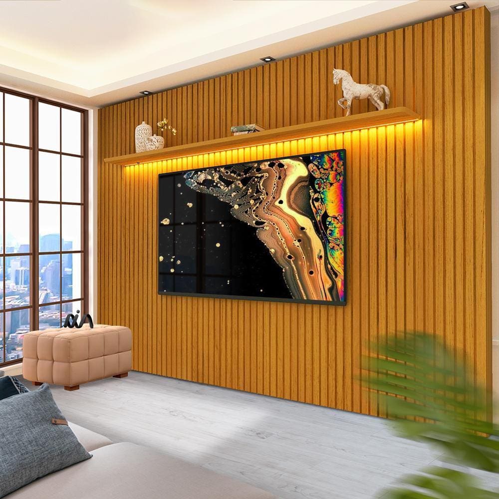 Painel Ripado Para Sala TV Até 85 Polegadas Com LED E Prateleira Naturale Notável Shop JM