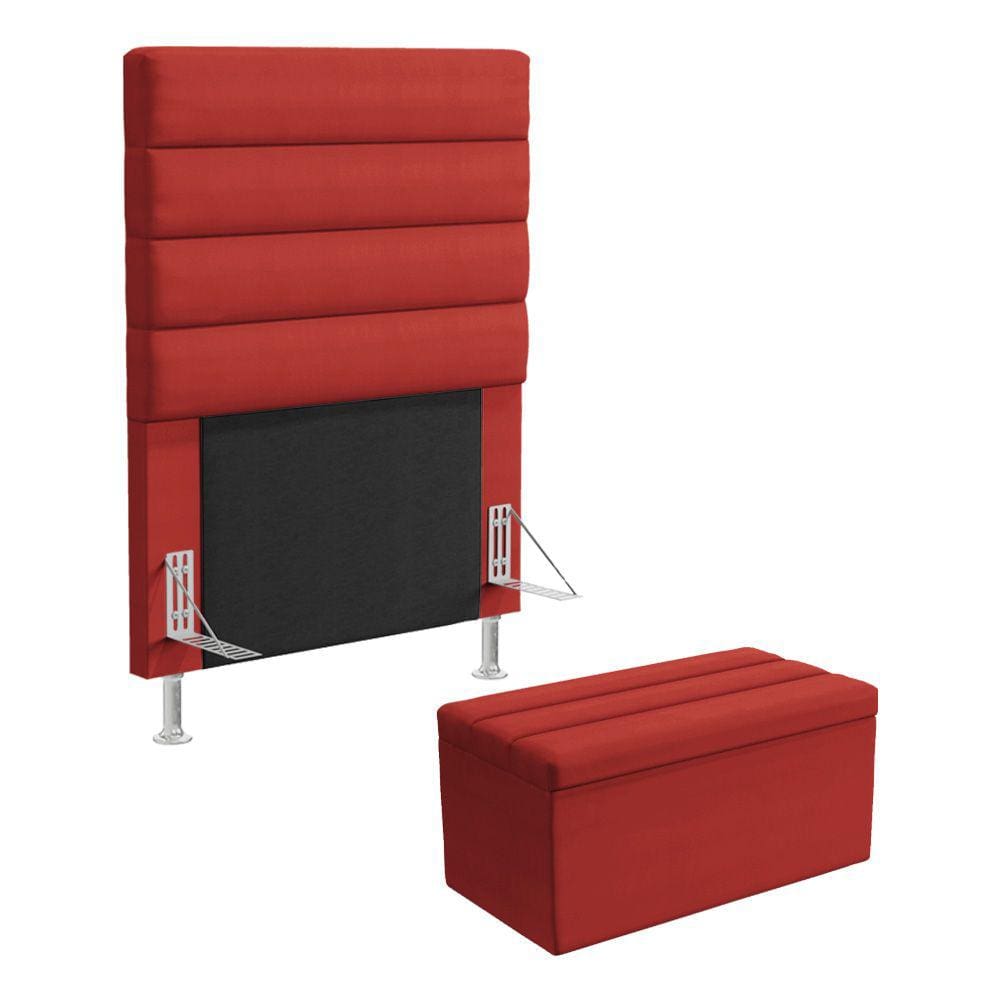 Cabeceira Atlas e Calçadeira Baú Ursa 90 para Cama de Solteiro A-020 Couro Vermelho Aradecor