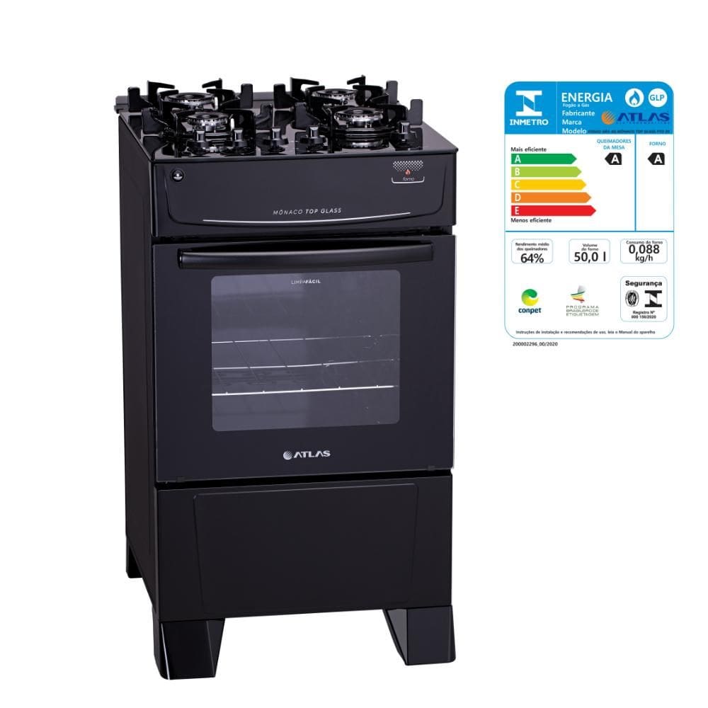 Fogão 4 Bocas com Forno Atlas Acendimento Automático Mesa Vidro Preto