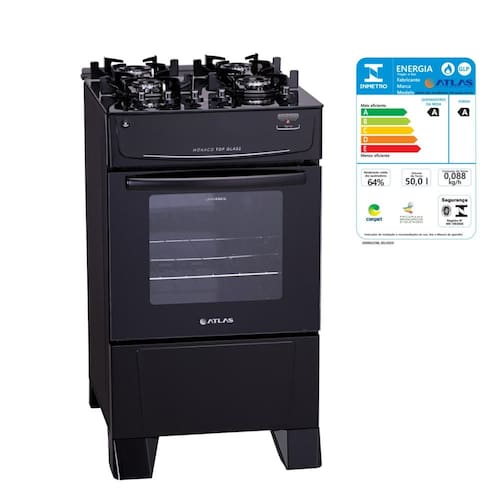 imagem-Fogão 4 Bocas com Forno Atlas Acendimento Automático Mesa Vidro Preto - Bivolt