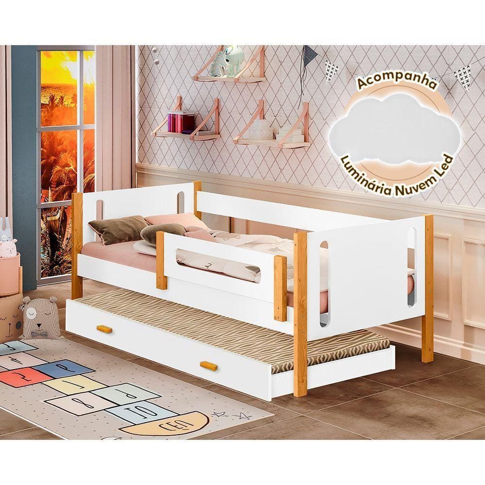 Cama Solteiro Mirela C/ Cama Auxiliar Branco/amêndoa Grade De Proteção Luminária Led Branco