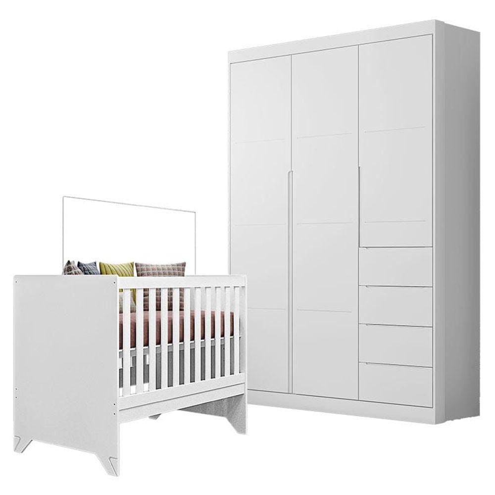 Berço Americano Retro Maya e Guarda Roupa Infantil Eloá Branco Acetinado - Phoenix Baby