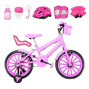 Bicicleta Infantil Feminina Aro 16 Nylon + Kit Premium Rosa
