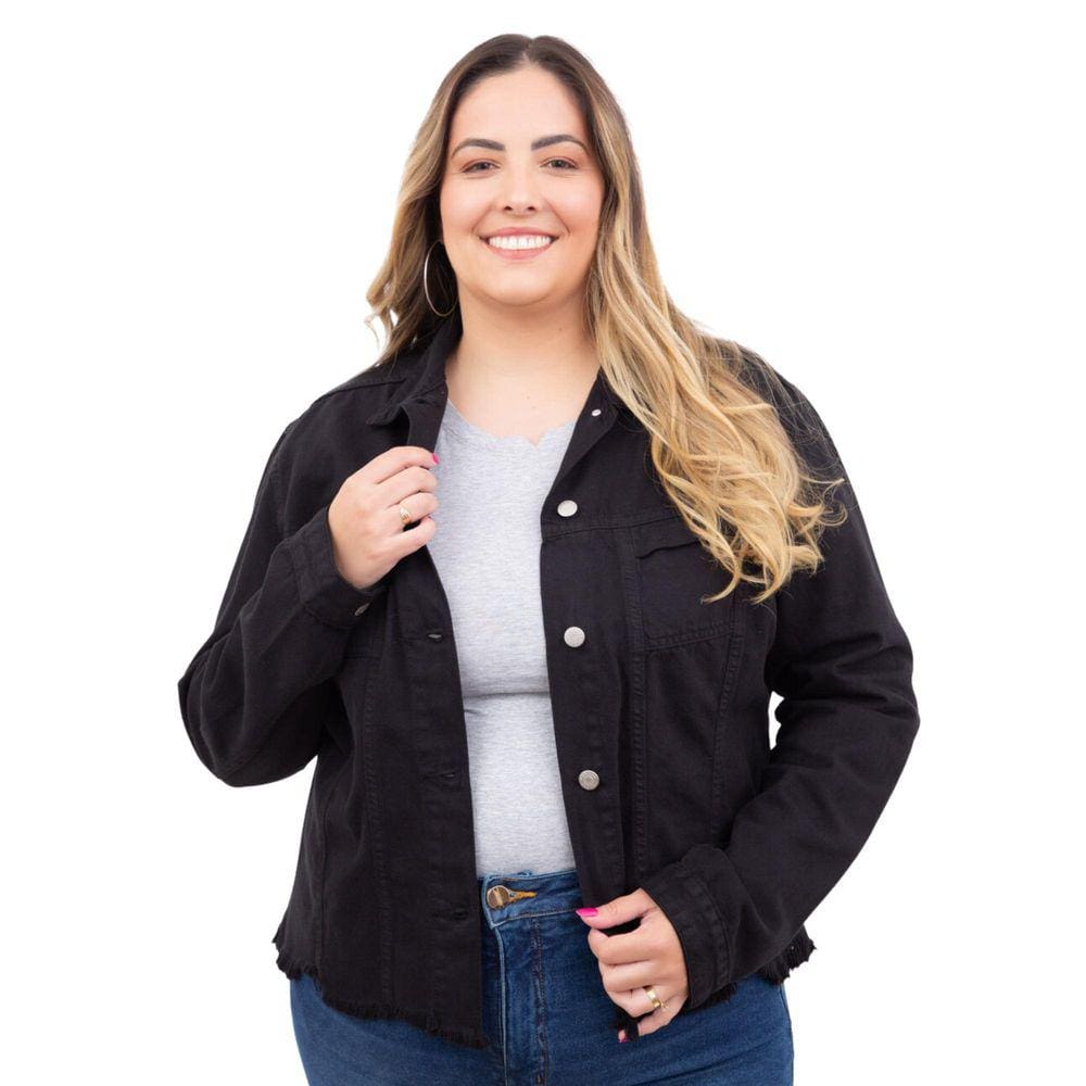 Jaqueta Jeans Preta Plus Size Barra Desfiada