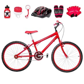 Bicicleta Infantil Aro 24 Alumínio Kit Proteção Vermelha