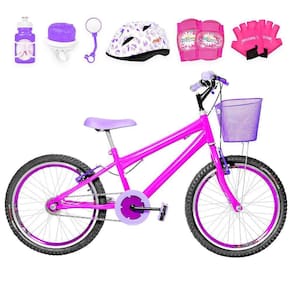 Bicicleta Infantil Aro 20 Aero + Kit Proteção Pink e Violeta