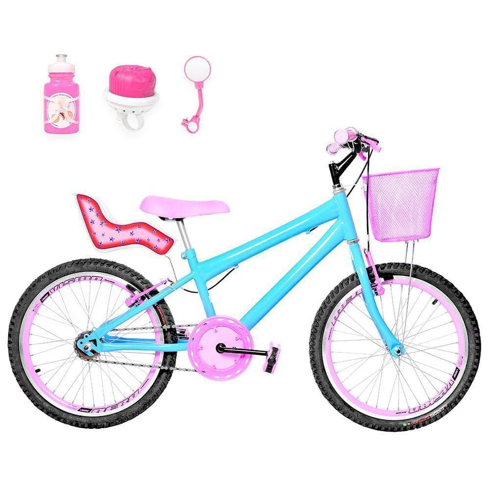 Bicicleta Infantil Aro 20 e Cadeirinha Azul Claro e Rosa