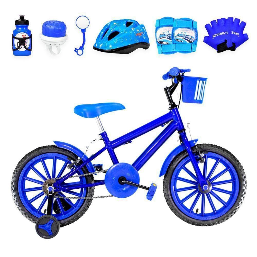 Bicicleta Infantil Aro 16 Nylon + Kit Proteção Azul
