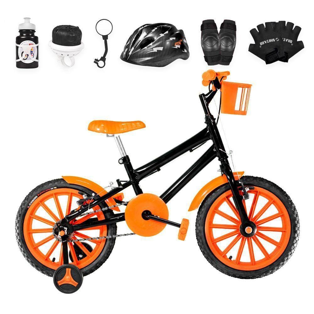 Bicicleta Infantil Aro 16 + Kit Proteção Preta e Laranja