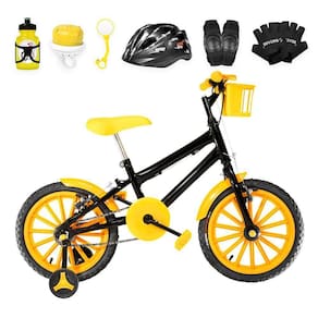 Bicicleta Infantil Aro 16 + Kit Proteção Preta e Amarela
