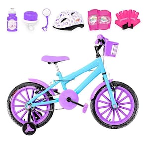 Bicicleta Infantil Aro 16 + Kit Proteção Azul Claro e Lilás