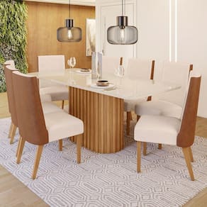 Conjunto Sala de Jantar Tampo Mdf/Vidro 8 Cadeiras Geovana Marrom/Off White/Courano/Linho