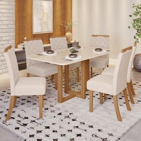 Conjunto Sala de Jantar Tampo MDF/vidro 6 Cadeiras Marie Espresso Móveis Marrom/Off White/Linho
