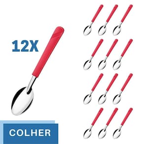 12 Colheres de Sopa Aço Inox Cabo Plástico Vermelho Luna