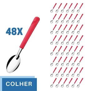 48 Colheres de Sopa Aço Inox Cabo Plástico Vermelho Luna