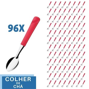 Jogo 96 Colher de Chá Aço Inox Plástico Vermelho Luna
