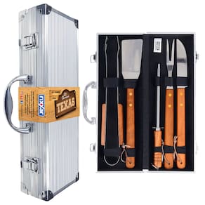Kit Churrasco Texas Maleta Em Alumínio Faqueiro Garfo Faca Chaira Pegador Espatula Cabo Longo Madeira