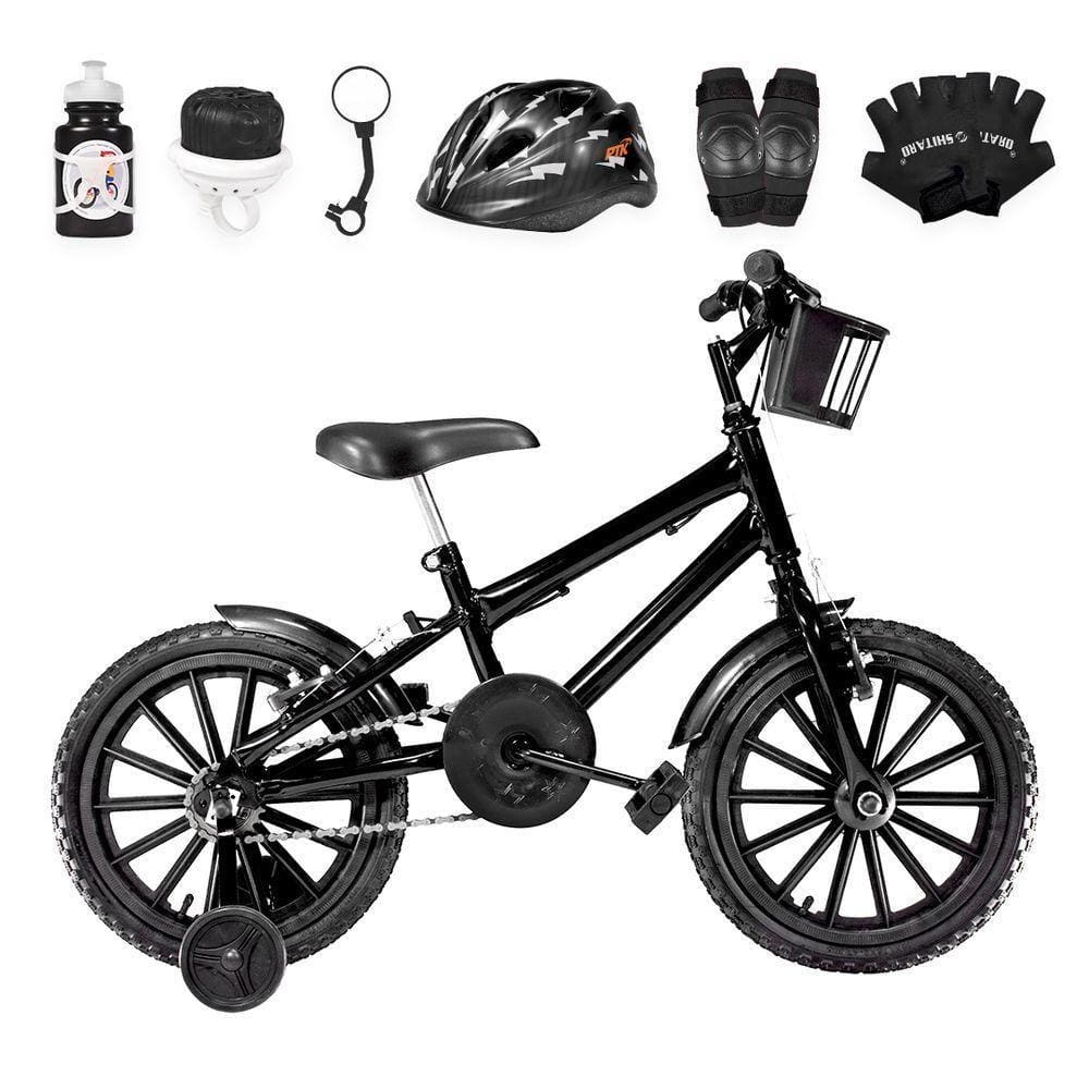 Bicicleta Infantil Aro 16 Nylon + Kit Proteção Preta