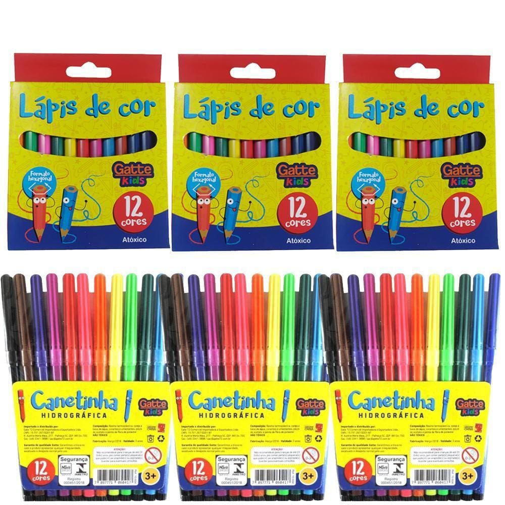 Kit 12 Lápis De Cor E 12 Canetinhas Gatte Kids Curto