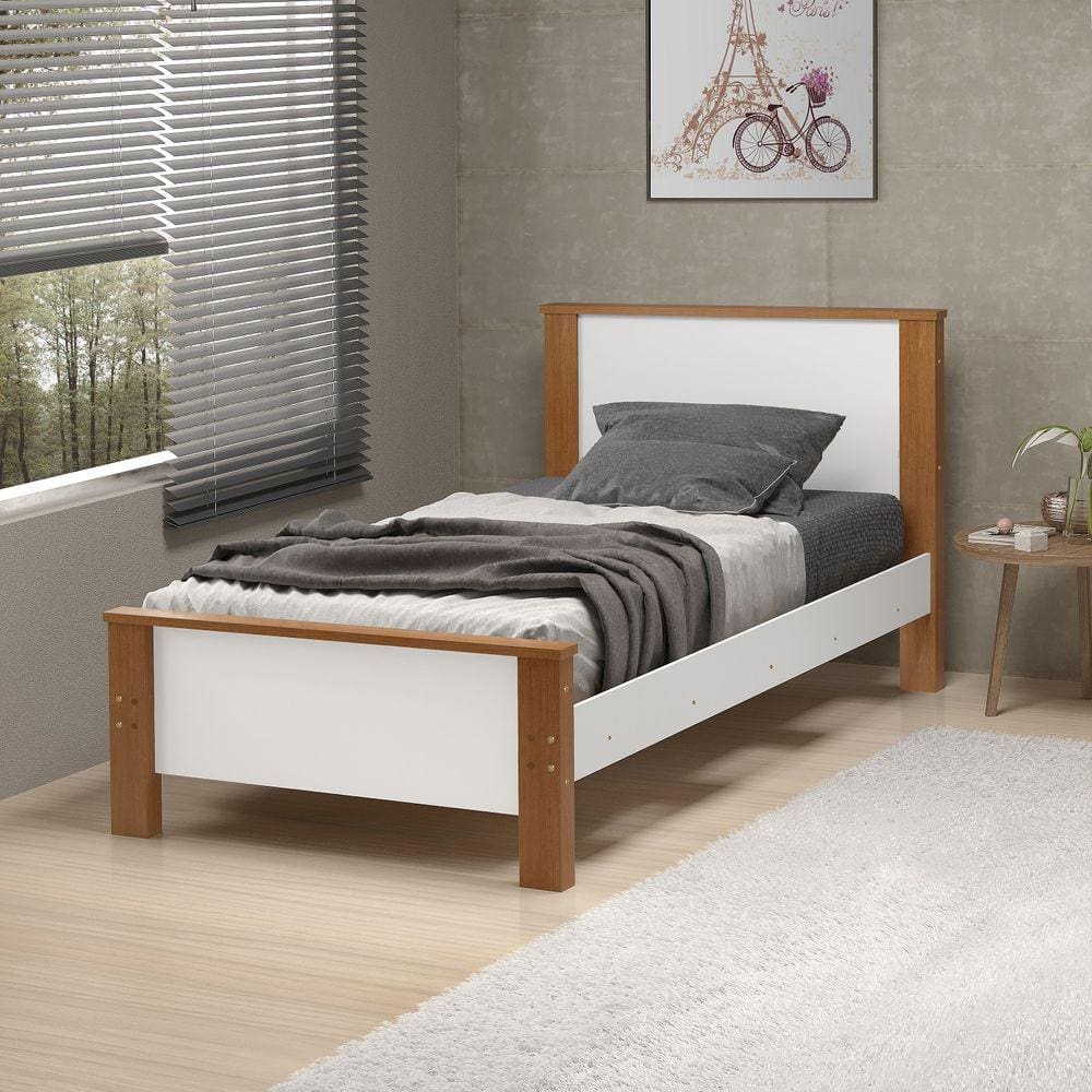 cama mila solteiro pes de madeira estilo moderno - Brco/Amen