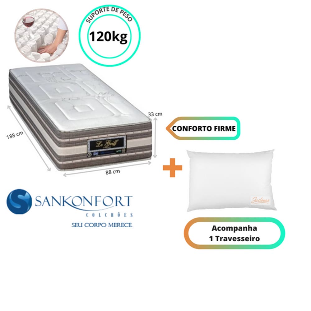 Colchão Sankonfort Le Griff Solteiro 88x188x33 - Linha Alta e Firme + 1 Travesseiro Fibra